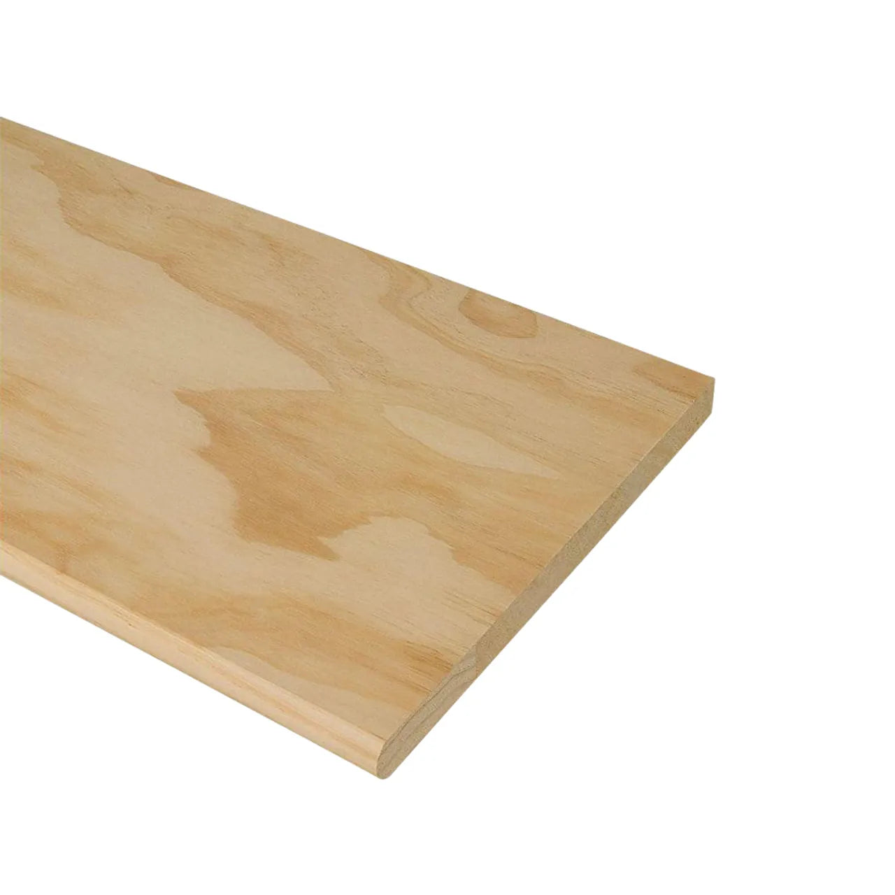 A close-up of the Go Build 48 in. x 11-1/2 in. Unfinished Pine Stair Tread showcases its smooth, light wood grain surface, photographed against a white background.